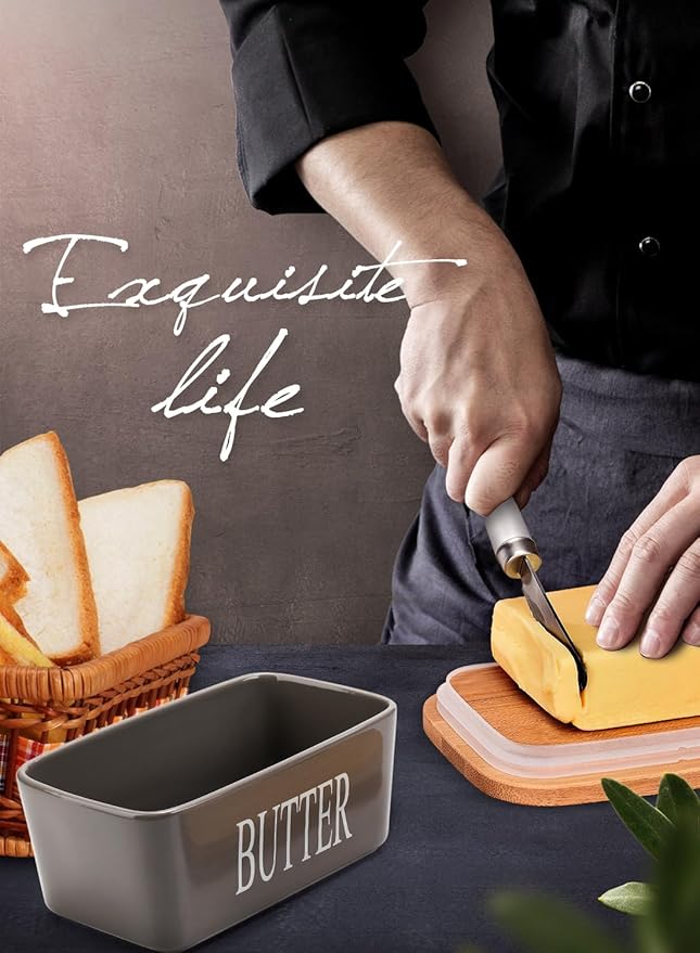 Butter Dish with Lid, Home Decor, Large Butter Dish for Countertop Ceramic Butter Keeper Container with Knife and High Quality Silicone Sealing Butter Box Good Kitchen Gift Grey