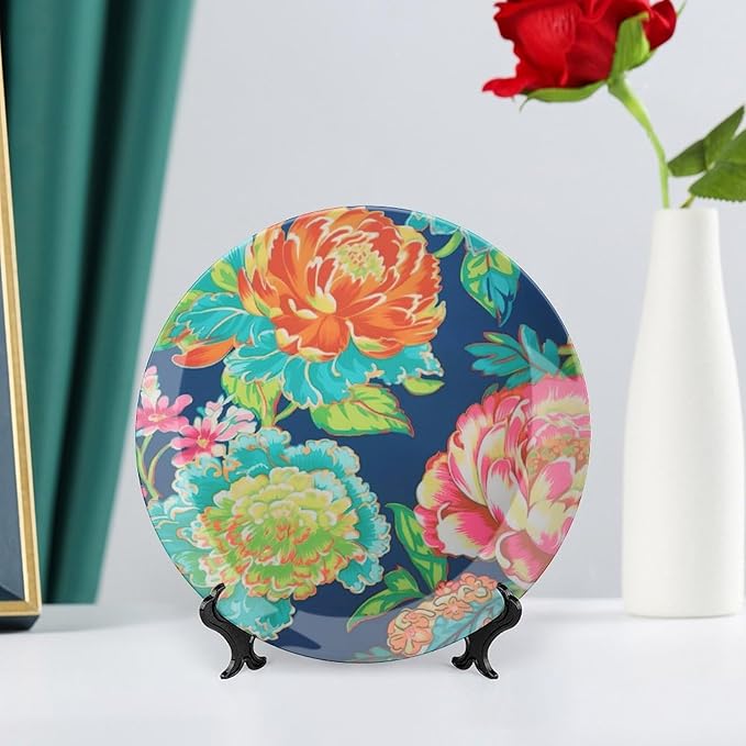 Navy Blue And Red Chinoiserie Peony Floral China Plates for Display Vintage Peony Flower Festival Household Supplies Display Home Holiday Party Decorations Customize Gifts for Men Women Christmas