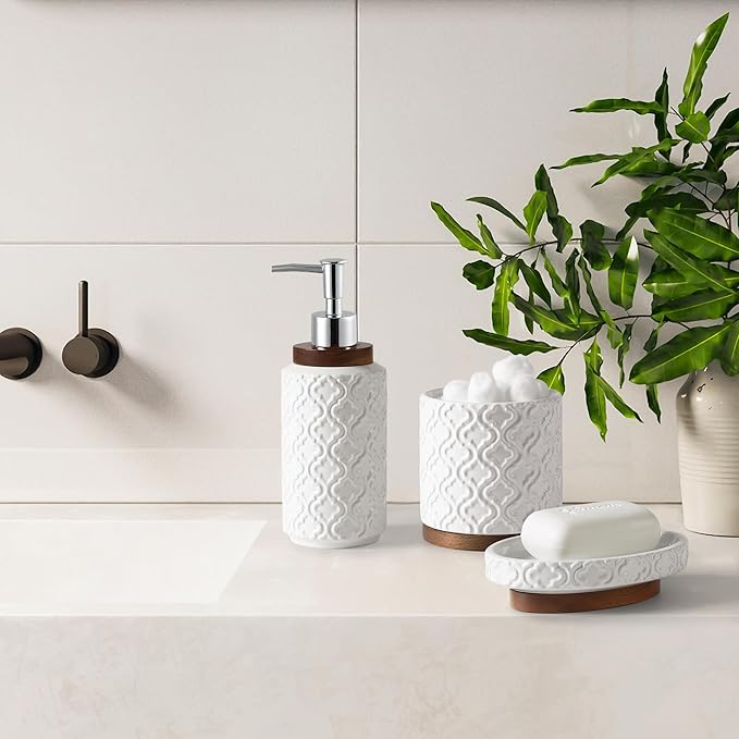 Elegant 5 PCS Ceramic&Wood Bathroom Accessories Set:Soap Dispenser,Toothbrush Holder,Tumbler,Soap Dish,Cotton Swab Jar,Easy to Clean,Quatrefoil Pattern,White-Affordable Home Luxury