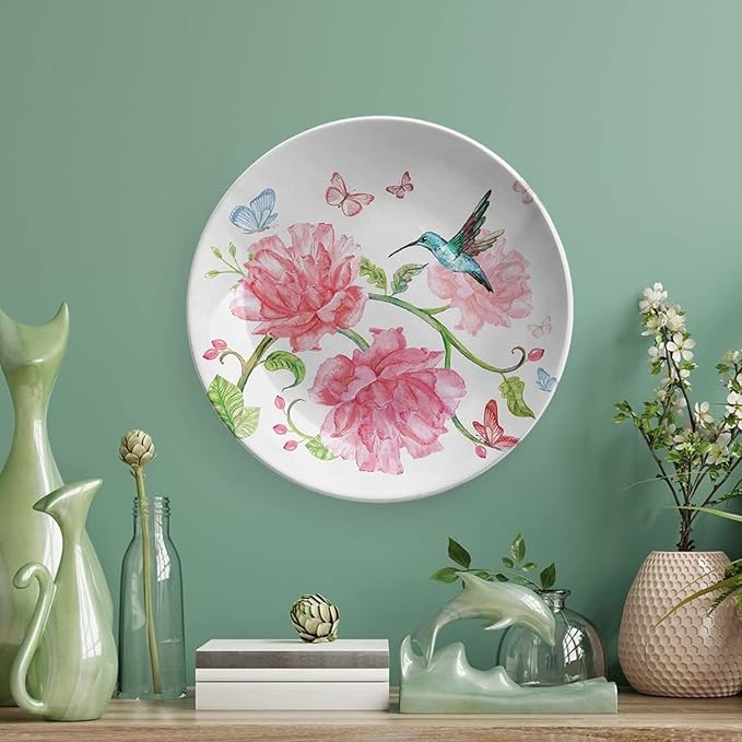 XISUNYA 10 Inch Decorative Plate,Hummingbird Ceramic Stoneware, Vintage Watercolor Butterflies Birds and Flourishing Branch Print Ornament Display Plate for Dining Table Setting, Christmas Tablescape