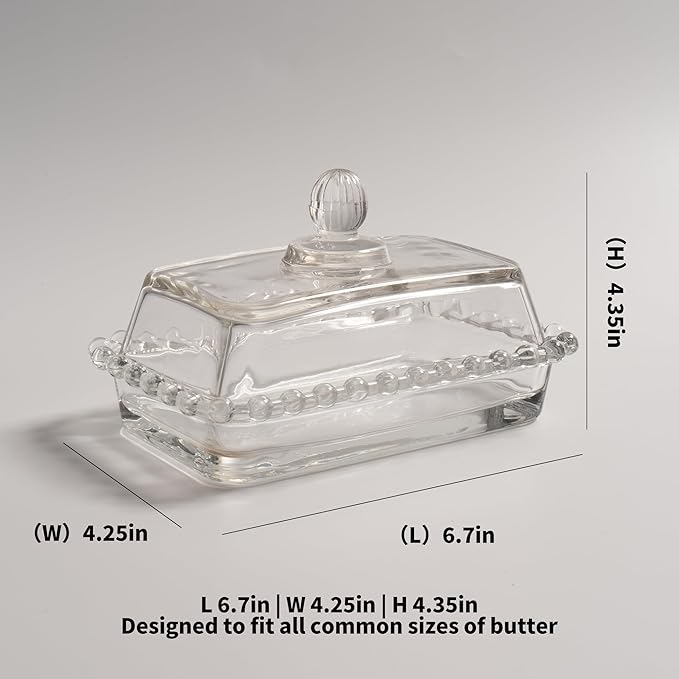 Glass Butter Dish with Lid for Countertop, Clear Crystal Glass Covered Butter Stick Holder Tray, Butter Storage Container for Fridge