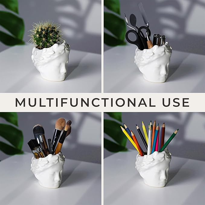 Small Head Planter - Ceramic Face Planter Pots for Indoor Plants, Cute Funny Succulent Pot with Drainage Hole, Unique Gift, 3.9"