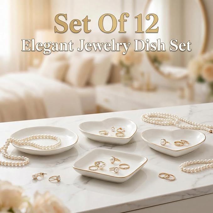 12 Pcs Ceramic Jewelry Tray Set, 4.5in Ring Dish Trinket Dish Organizer, Decorative Soap Dish Vanity Tray for Women Wedding Bridesmaid Birthday Gifts