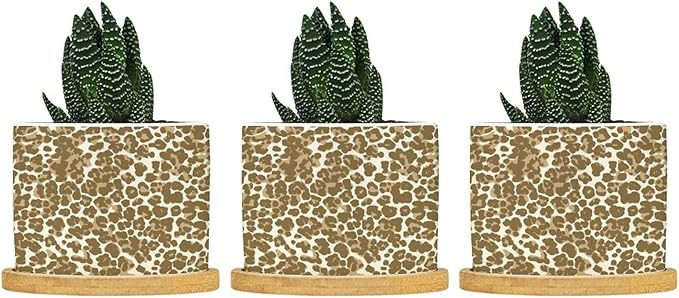 Leopard Brown and Planter Ceramic African Tribal Animal Print Round Flower Pot with Drainage Holes and Bamboo Tray Pot for Indoor Outdoor Garden