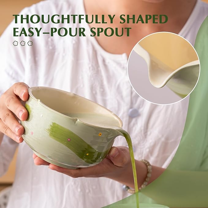 Matcha Whisk Set, 7Pcs Matcha Set with Hand-Painted Ceramic Matcha Bowl, Matcha Whisk and Holder, Scoop and Rest, Sifter, Tea Towel, Artisan Matcha Kit for Ceremony & Gifting (Green)