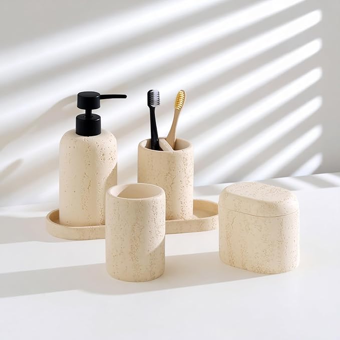 Bathroom Accessories Set, Travertine Stone-Look, 5 PCS Bathroom Accessory Set with 13.53 OZ Soap Dispenser, Toothbrush Holder, Tumbler, Vanity Tray, Cotton Swab Jars for Countertop (Yellow)