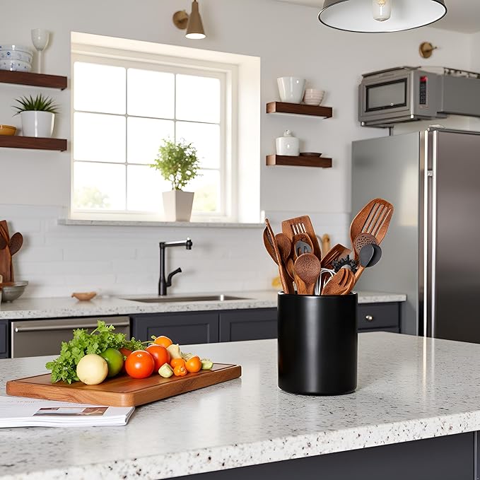 Kitchen Utensil Holder, Large Utensil Holders for Countertop,Ceramic Utensil Crock, Deep and Stable, Cooking Utensil Holder, Embossed Pattern (Black) 6.3''*5.3‘’