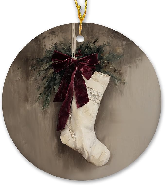 Vintage Christmas Stocking Ceramic Ornament Gifts, Rustic Moody Winter Christmas Decorative Hanging Ornaments for Xmas Tree Holiday Party Decoration, Santa Deer Xmas Tree Decorations
