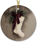 Vintage Christmas Stocking Ceramic Ornament Gifts, Rustic Moody Winter Christmas Decorative Hanging Ornaments for Xmas Tree Holiday Party Decoration, Santa Deer Xmas Tree Decorations