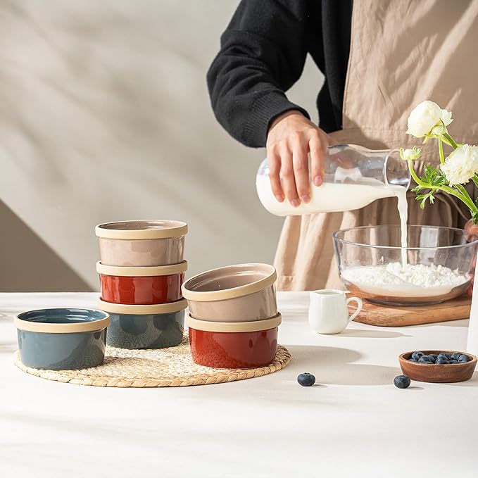 Ramekins 8 Oz Oven Safe, Ceramic Creme Brulee Souffle Dishes, Pudding Custard Cups Ramekin For Baking, Small Dipping Sauce Bowls, Set of 6, Microwave and Dishwasher Safe (Artisan Colors)