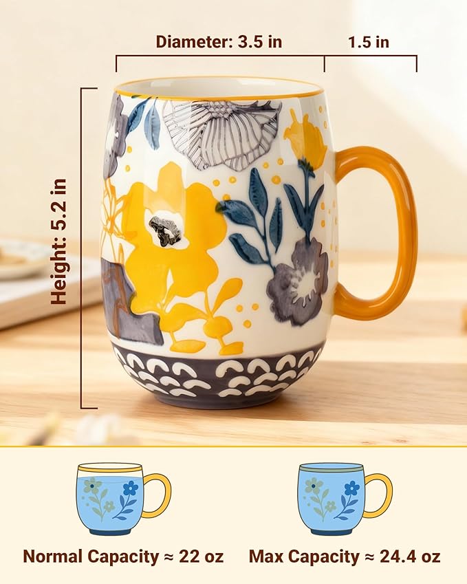 Large 24oz Ceramic Coffee Mug with Handle for Coffee or Tea, Hand-Painted Floral Pottery Mug for Women, Durable Microwave & Dishwasher Safe, Christmas Gift for Family, Holiday & Fall Decor
