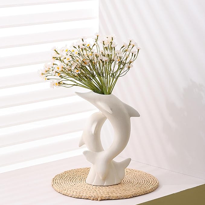 Handmade Ceramic Dolphin Vase, Artistic Animal - Shaped Flower Vase for Home Decor, Coastal Style Accent Piece