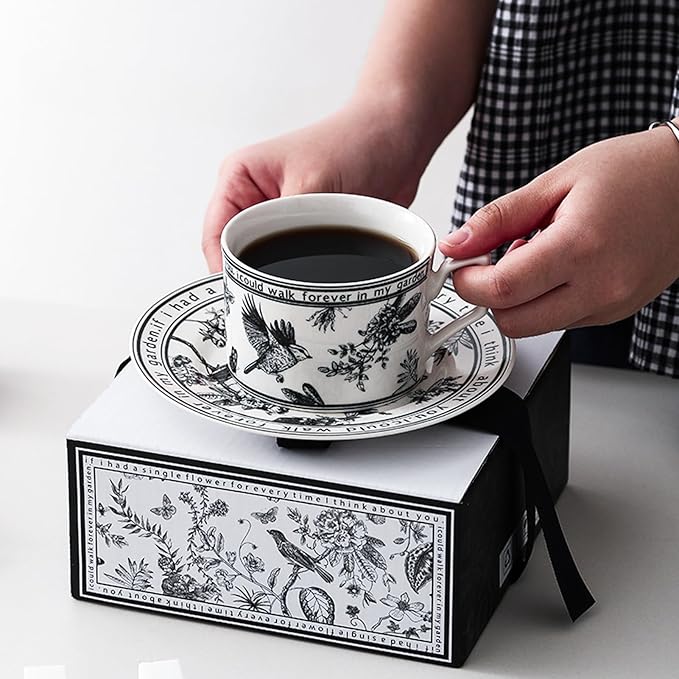 Ceramic Coffee Cup and Saucer Set - Vintage Floral Design, Perfect for Espresso, Tea, or Coffee Lovers - Gift Boxed for Home, Office, or Special Occasions (6.8oz)