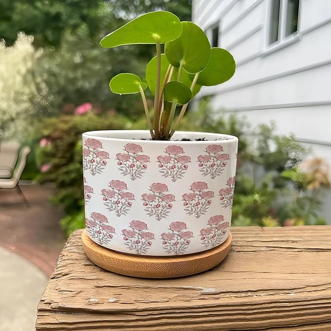 DreamAutumn Pink Flower Planter Ceramic Round Plant Pots with Drainage Holes and Bamboo Tray Planting Small Flower Pots for Home Windowsill Desk Garden Indoor Outdoor Use