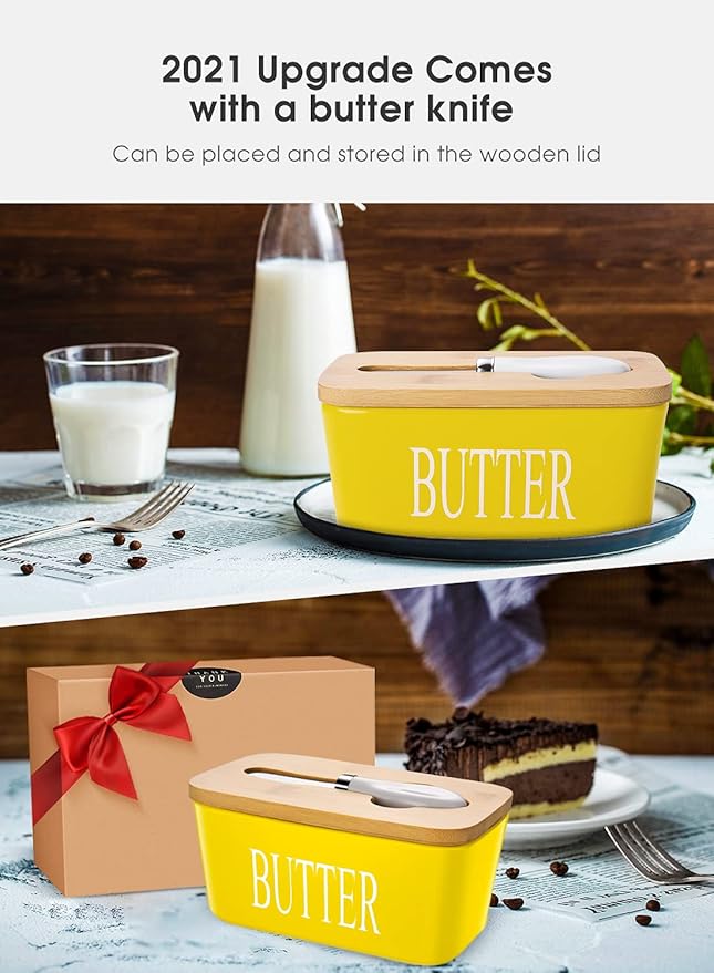 Butter Dish with Lid, Home Decor, Large Butter Dish for Countertop Ceramic Butter Keeper Container with Knife and High Quality Silicone Sealing Butter Box Good Kitchen Gift Yellow