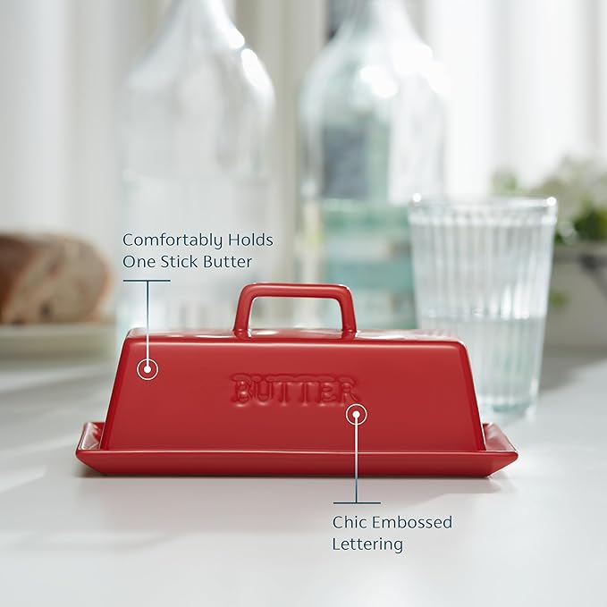 Butter Dish with Lid for Countertop, by Kook, Ceramic Dish Tray with Cover, Kitchen Keeper, Container, Holder (Red)