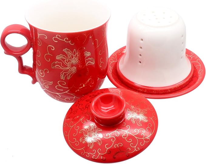 Porcelain Tea Cup with Infuser Lid and Saucer Sets - Chinese Jingdezhen Ceramics Coffee Mug Teacup Loose Leaf Tea Brewing System for Home Office