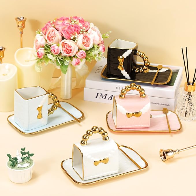 Sliner Handbag Coffee Mug Set- 4 Sets Handbag Coffee Mug with Saucer Spoon 10 Oz/ 310 ml - Cute Ceramic Creative Tea Cup for Women Girls Valentines Gift(Stylish)