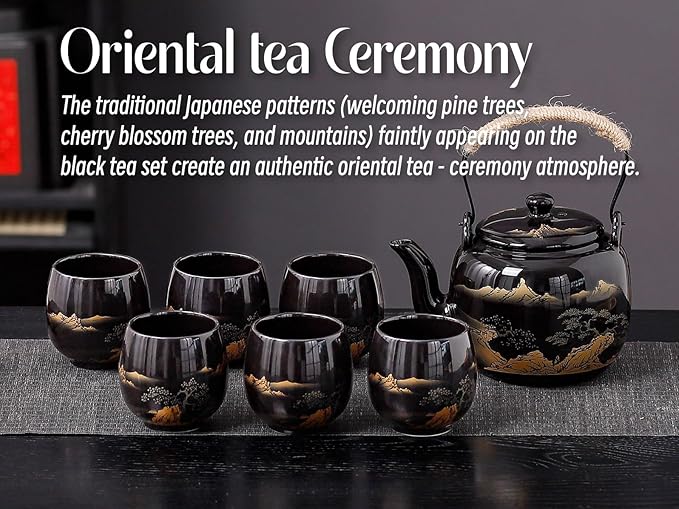 Traditional Japanese tea set, Japanese teapot set, Asian Black glazed tea set with 1 Teapot, 6 Tea cups, 1 Tea strainer, 1 Tea tray (Landscape Black)