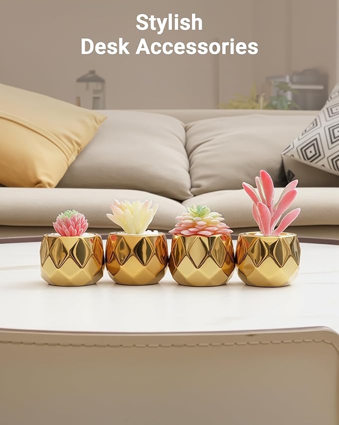 VIVERIE Mini Succulents Plants Artificial in Pots-Pink with Golden Ceramic, Christmas Small Fake Succulents Plants for Home Decor Indoor Christmas Decor for Women, Set of 4, Gifts for Mom