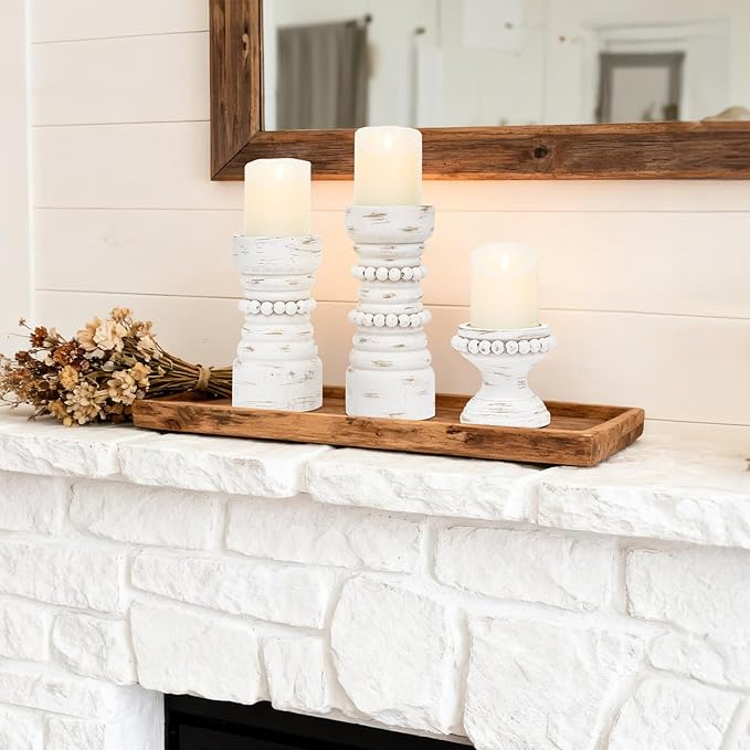 MODE HOME Rustic White Wood Candle Holders Set of 3, Farmhouse Beaded Wood Pillar Candle Holder, Candle Holders for Pillar Candles & Candlesticks, Candle Sticks Holder Decor for Table Centerpiece