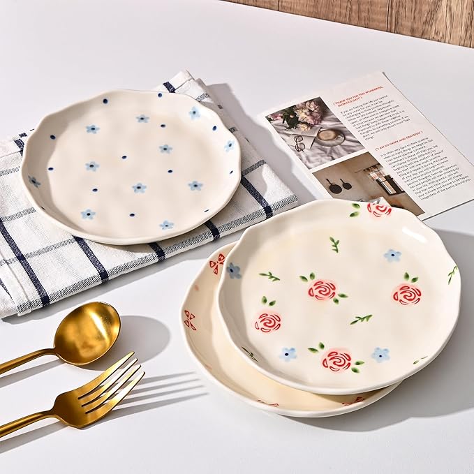Koythin Ceramic Dessert Plates, Cute Fruits Dinner Plate, Creative Plates Design, Printed Flowers Dinnerware for Office and Home, Kitchen Plates for Desserts (Cherry Flower)
