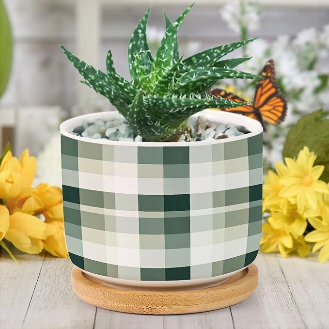 Sage Green Buffalo Plaid Ceramic Planter Green Buffalo Check Snake Plant Live Indoor with Pot with Drainage Holes and Saucers Pot for Indoor Outdoor Garden
