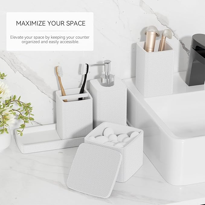 White Bathroom Accessories Set 5 Pieces, Resin Toothbrush Holders Set Complete with Soap Dispenser, Toothbrush Holder, Vanity Tray, Bathroom Tumbler and Qtip Holder for Small Spaces