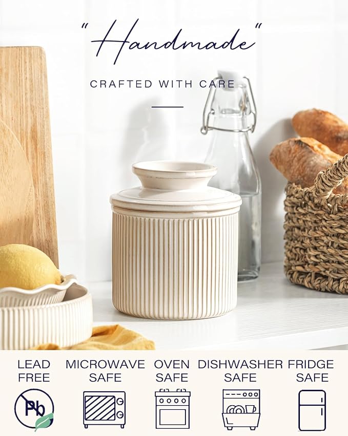 Getstar Large Ceramic Butter Crock with Lid for Countertop, 6OZ French Butter Dish Keeper for Spreadable Butter Water Seal with Elegant Embossed Pattern, Cream White