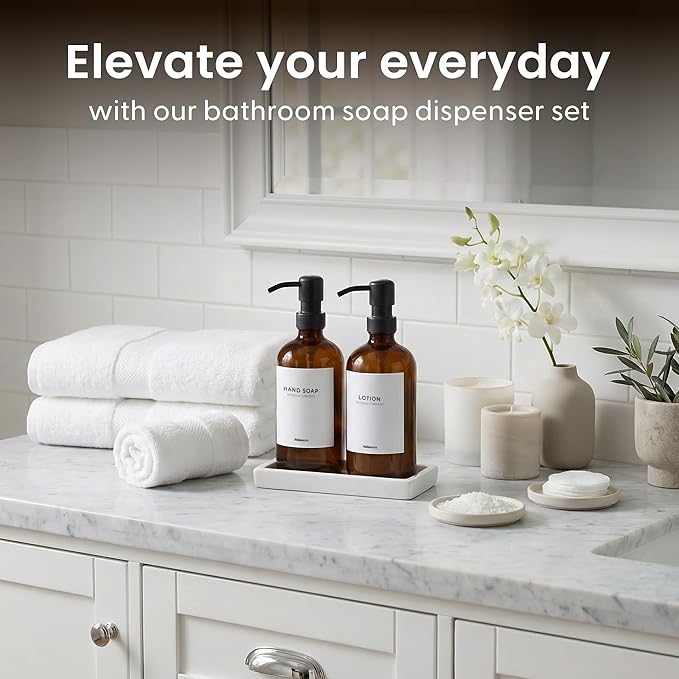 MaisoNovo Soap and Lotion Dispenser Set - Bathroom Soap Dispenser Set with Amber Glass Soap Dispenser, Black Pumps & Ceramic Tray