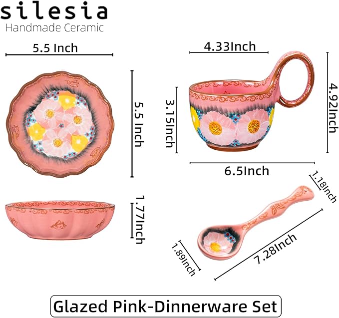 silesia Handmade Loop Handle Soup Bowl, Plate and Spoon Set - Ceramic Hand Painted Cereal Bowl Great for Soup, Ice cream, Snack, Stew in Gift Box, Dishwasher Safe, Glazed Pink