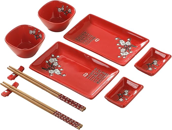 10 pcs Japanese Sushi Plate Sets Serving Platters and Trays for Entertaining Sushi Dishes Set Plates Sushi Plates Traditional Cuisine Dinnerware Sets with Chopsticks Red Plum