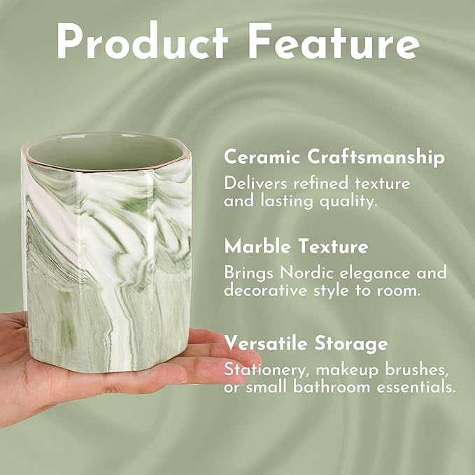 Green Marble Makeup Brush Holder– Round Ceramic Pencil Container with Gold Rim, Elegant Versatile Organizer for Vanity, Desk, or Bathroom