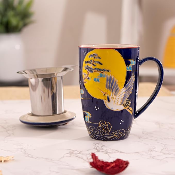 Urban Tokyo Tea Mug With Lid and Stainless Steel Infuser For Loose Leaf Tea Bag Tea Cup 15oz Porcelain Hot Beverage Everyday Use Home Office (Crane Moon)