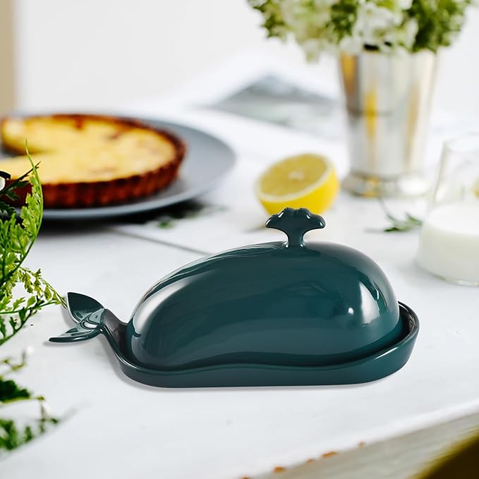 Porcelain Butter Dish for Countertop, Cute Whale Design, Ceramic Butter Dish with Handle, Funny Butter Storage Container, Ideal Gifts for Housewarming, Green