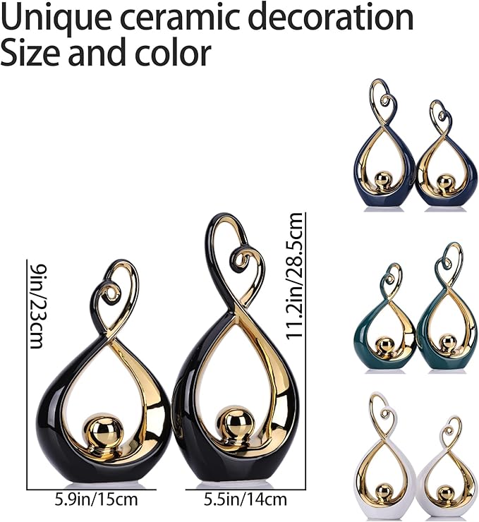 DOVDOV Modern Art Home Decor Statues, Unique Ceramic Abstract 2 Piece Set with Teal and Gold Accents for Home Decor Statues for Rooms, Bookshelves, Coffee Tables with Decorative Aesthetics.