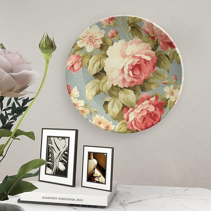 Pink Cabbage Roses Romantic Aqua Decorative Plate for Display Festival Display Supplies Table Club Holiday Party Decorations Custom Gifts for Men Women Birthday, 6", 7", 9", 10"