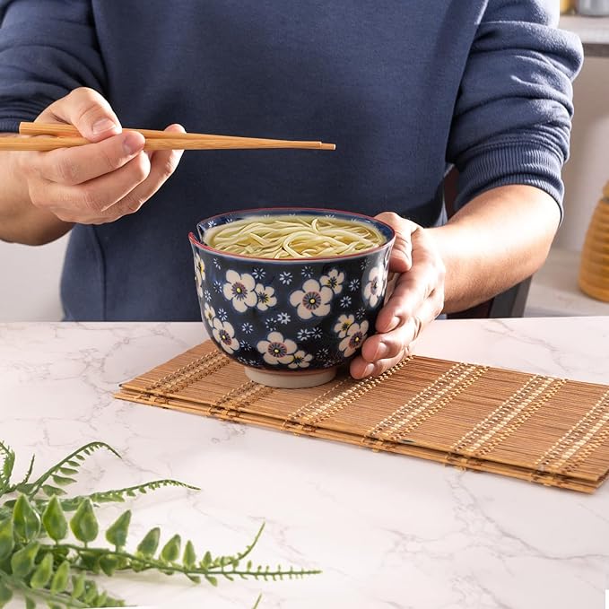 Urban Tokyo Handpainted Ceramic Glazed Japanese Ramen Udon Noodle Rice Bowl With Chopsticks 20 fl oz 5 inch Diameter Bowl Sets Color Box Packaging (Plum Blossoms)