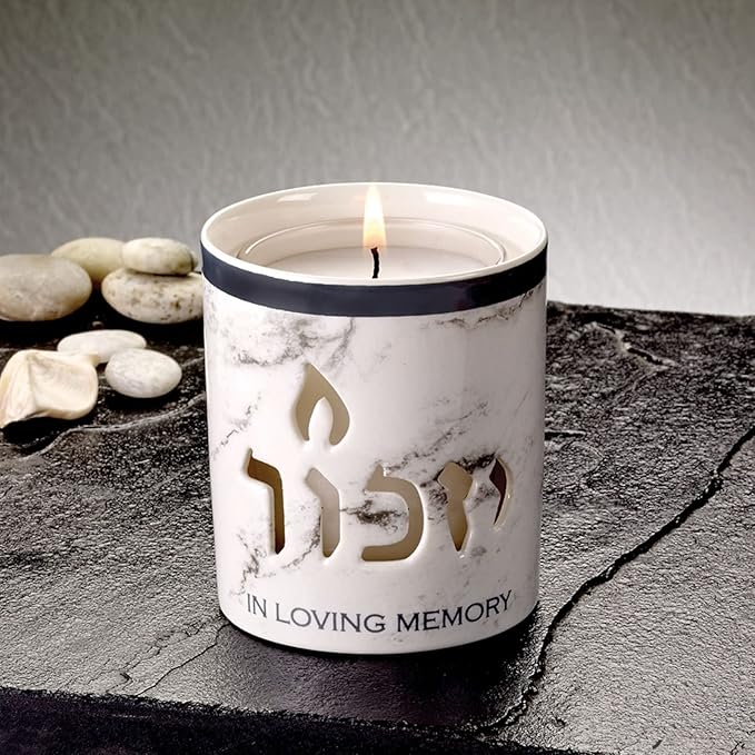 Rite Lite White Marble Ceramic Yizkor Memorial Candle Holder - 3” H - Yahrzeit Luminaria for Jewish Memorial Services, in Loving Memory Tribute - Elegant Design for Remembrance and Mourning