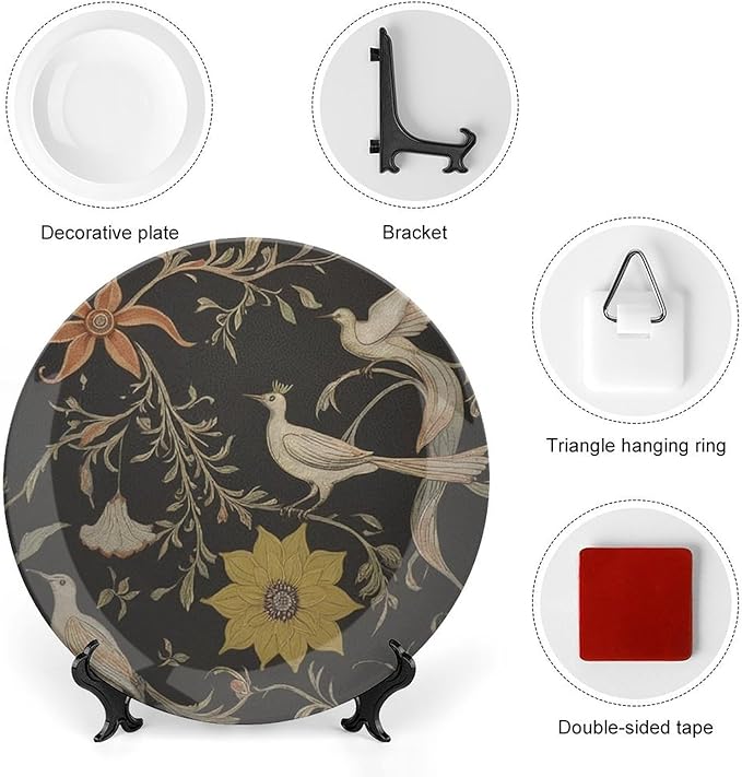 Decorative Plate Flowers And Birds Personalized Decor for Office Kitchen Home Club Wall Decorative Plate with Vertical Stand, Multi Sizes by Choosing, Gifts for Men Women
