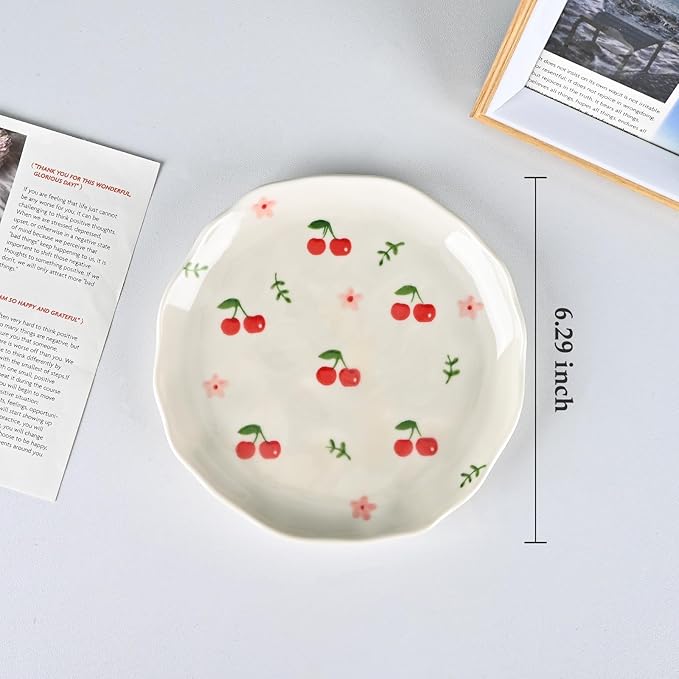 Koythin Ceramic Dessert Plates, Cute Fruits Dinner Plate, Creative Plates Design, Printed Flowers Dinnerware for Office and Home, Kitchen Plates for Desserts (Cherry Flower)