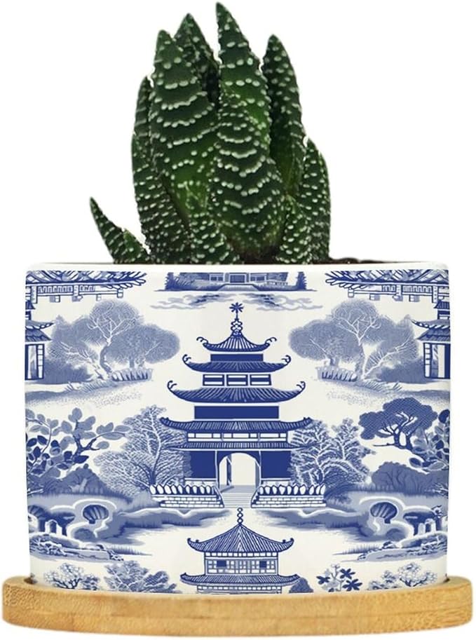 Chinoiserie Blue Asian Ceramic Planter Chinoiserie Chic Asian Flower Pots for Indoor Plants with Drainage Holes and Saucers Pot for Succulents Cactus Garden Windowsill