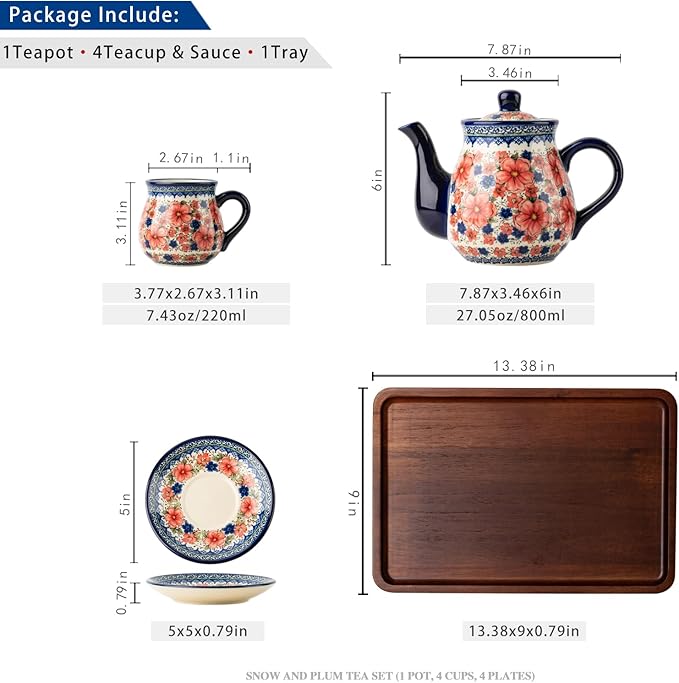 polish pottery style porcelain ceramic 10 piece Tea set,7.2oz tea cup and sauce set of 4,28.2oz teapot and 1wooden tray (Snow and Plum)
