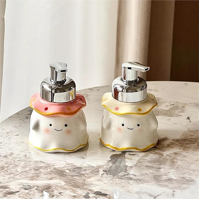380ml Cute Ghost Ceramic Foaming Soap Dispenser - ABS Plastic Pump Container for Bathroom Vanity, Reusable Hand Soap/Bath Foam Dispenser(Pink)