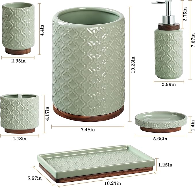Elegant 6 PCS Ceramic&Wood Bathroom Accessories Set:Soap Dispenser,Toothbrush Holder,Tumbler,Soap Dish,Tray,Trash Can,Easy to Clean,Quatrefoil Pattern,Green-Affordable Home Luxury