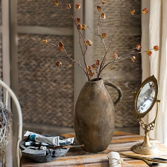 Rustic Ceramic Vase, Farmhouse Vases with Handle, Handmade Pottery Vase, Vintage Rustic Vase for Living Room, Kitchen, Home Decor, Thanksgiving, Centerpieces - 9.6 Inch