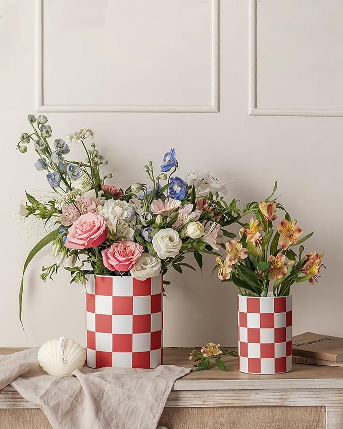 Utensil Holder，7.1"+5.8" Ceramic Kitchen Utensil for Counter top, Checkered Cooking Utensil Holder for Spatula & Spoon, Kitchen Decor, Set of 2 (Red Checkered)