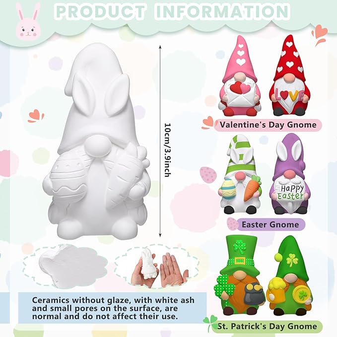 VioraWhite 6 Pcs Easter Gnome Ceramics to Paint Galentines Crafts Seasonal Holiday Ready to Paint Your Own Gnome Statues 4'' Mini Unpainted St. Patrick's Day Valentine Ceramics Figurines to Painting