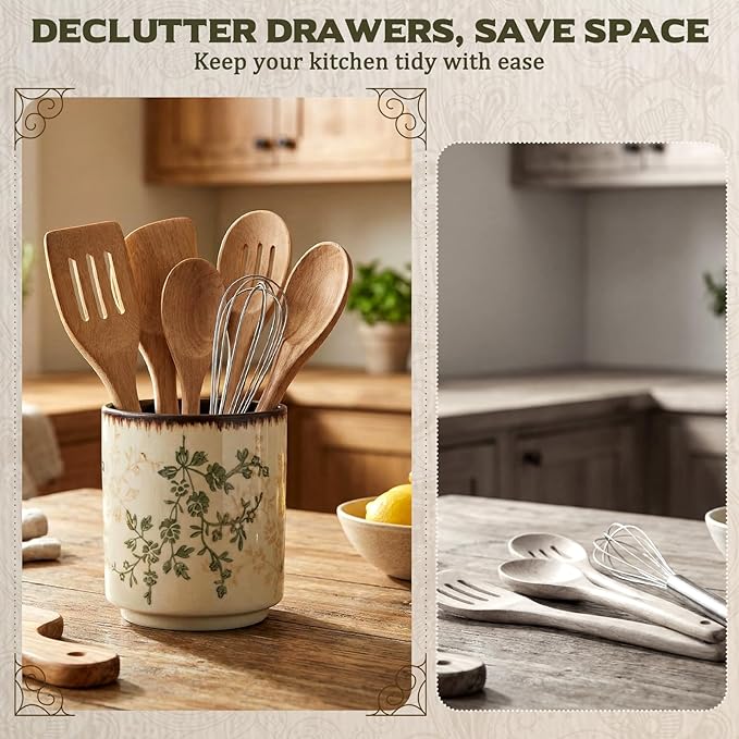 Kitchen Ceramic Utensil Holder Rustic 5.5" Green Floral Utensil Crock for Countertop Tuscany Cooking Tools Storage Caddy for Spatula Spoon Farmhouse Decor Housewarming Gift
