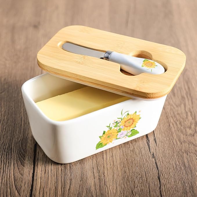 WAIT FLY Flower Ceramic Butter Dish with Bamboo Lid and Knife, 2 Sticks Butter Dish Butter Container Keeper for Kitchen Countertop, Home Decorative-Sunflower